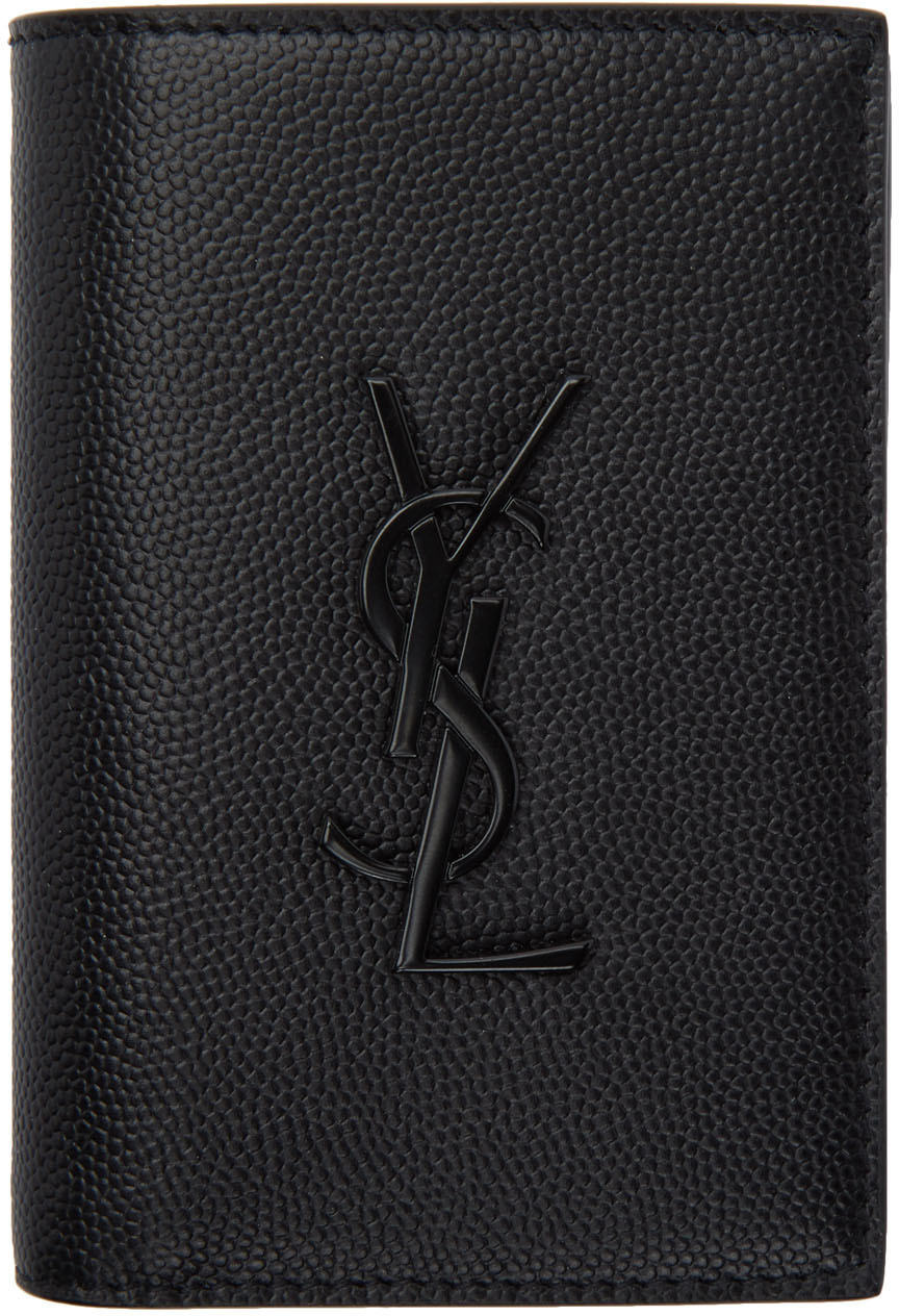 Saint Laurent Monogram Credit Card Wallet Crocodile Embossed Leather Black  for Men