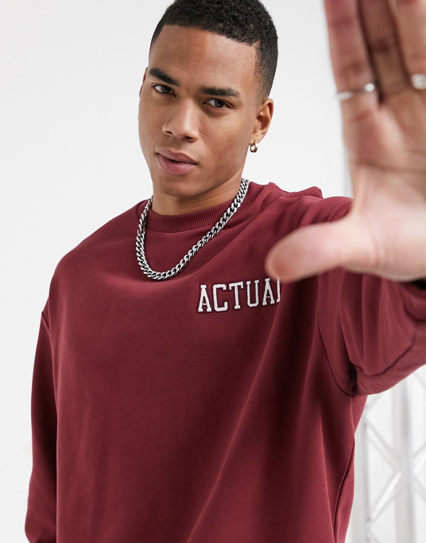 ASOS Actual oversized sweatshirt in burgundy with embroidered logos ...