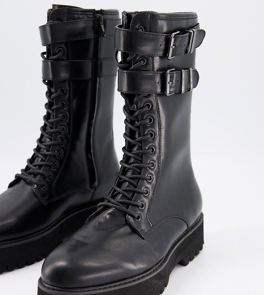 ASOS DESIGN Wide Fit high lace up boots in black faux leather with ...