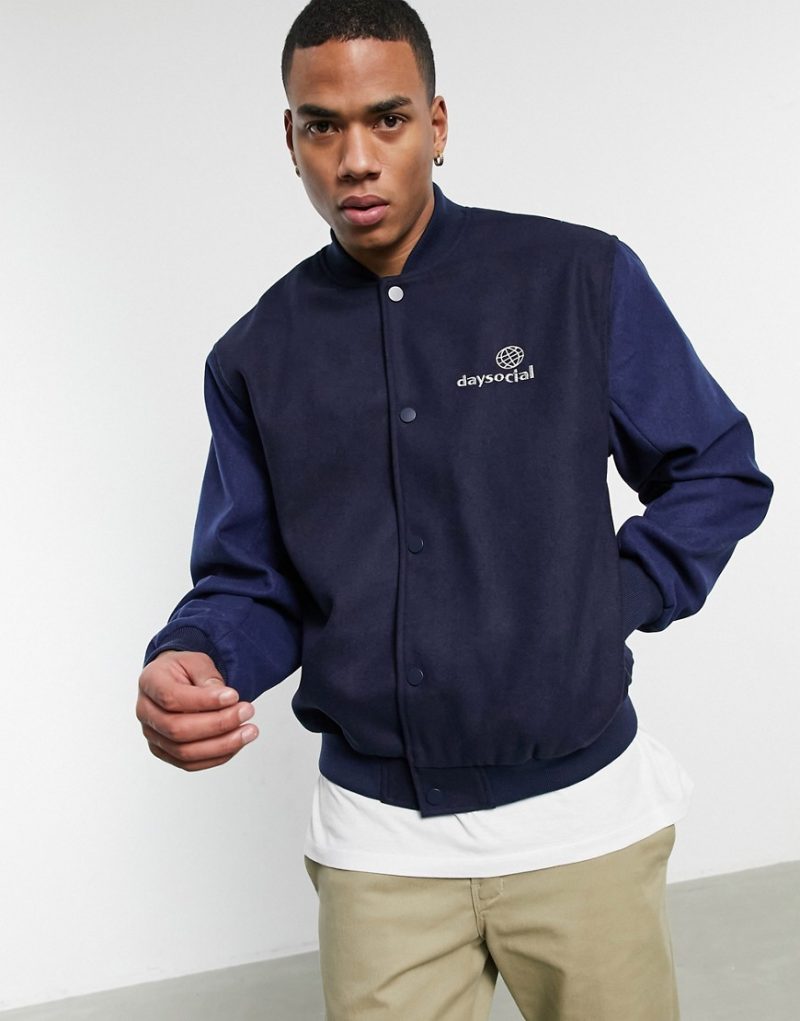 ASOS Daysocial oversized varsity jacket in navy with contrast blue ...
