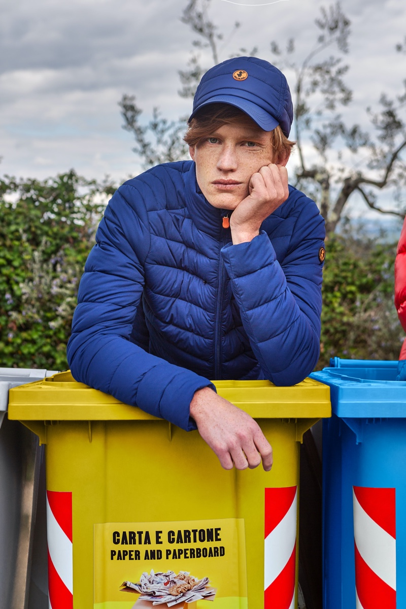 Model Christian Aneris fronts Save The Duck's new "Love Recycle" campaign for fall.