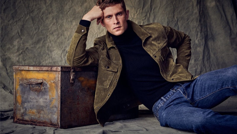 A chic vision, Mathias Lauridsen models Todd Snyder's suede Dylan jacket with a pair of blue jeans.