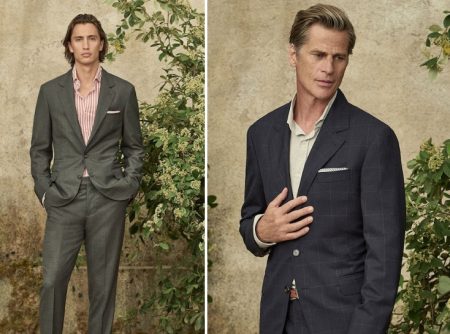 Models James Turlington and Mark Vanderloo wear spring-summer 2022 looks from Brunello Cucinelli.