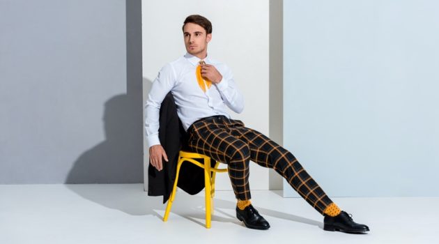 Man in Windowpane Print Trousers Polka Dot Socks