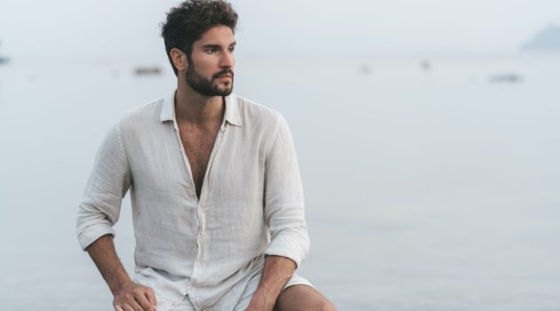 Male Model White Linen Shirt Shorts Beach