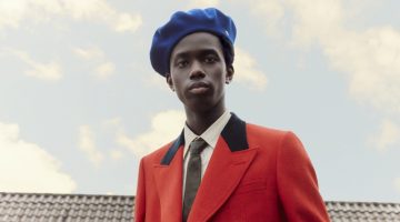 Mytheresa Men Exquisite Gucci Collection Fall 2022 Ibrahima Tall Model Red Suit Jacket Leather Pants Blue Beret