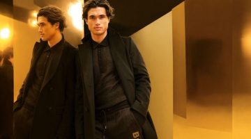 Charles Melton BOSS Holiday 2022 Campaign Men Polo Coat Joggers