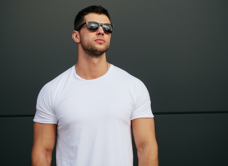 Man Muscular Build White T-Shirt