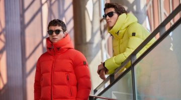 Embracing colorful style, George Admiraal and Aleksandr Blinov rock down jackets by Lufian.