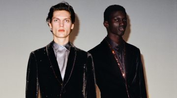 Models Valentin Caron and Momo Ndiaye don Giorgio Armani's new Los Angeles Evening collection.