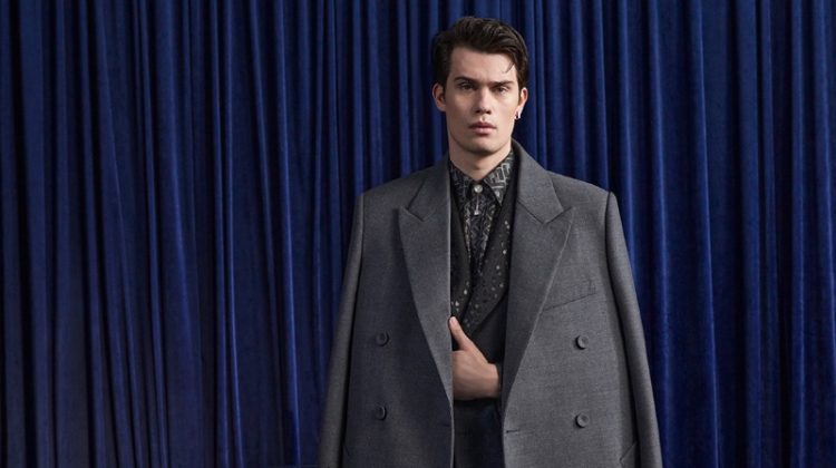 Nicholas Galitzine dons a double-breasted coat for Fendi's fall-winter 2023 campaign.