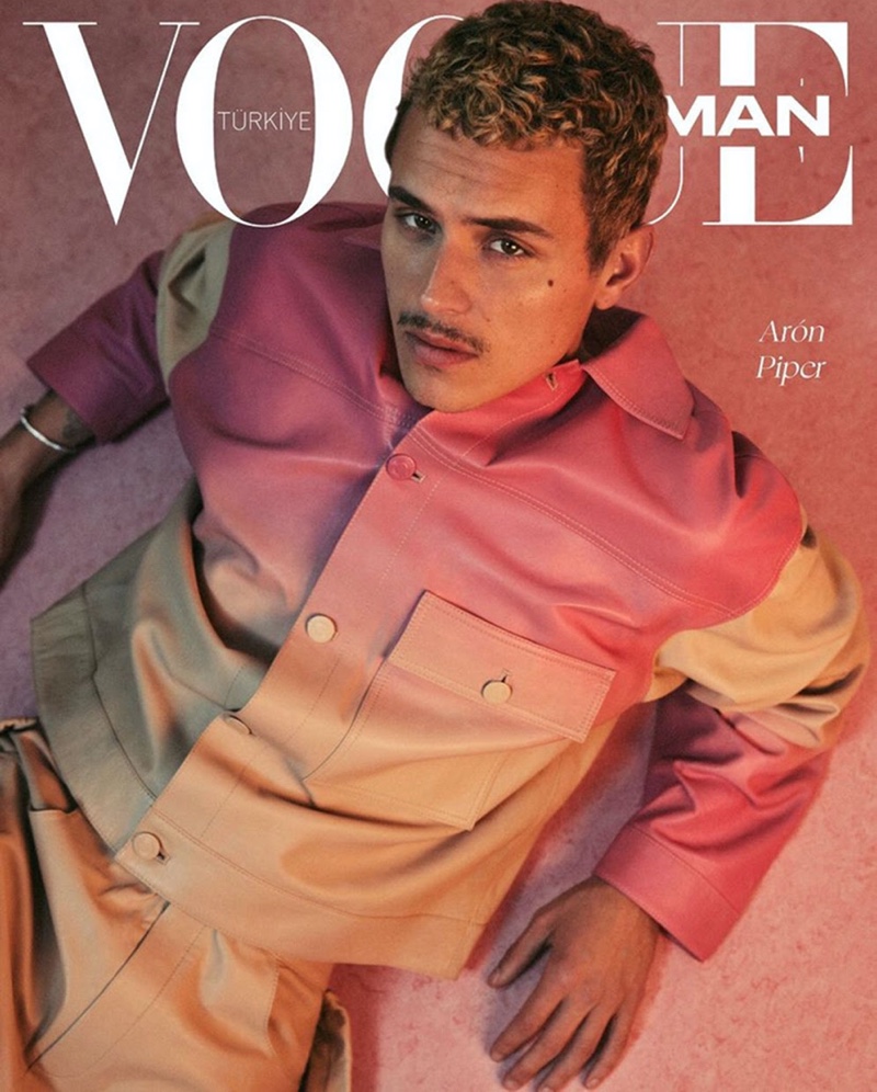 Arón Piper covers Vogue Man Turkey in a leather outfit from Les Benjamins.