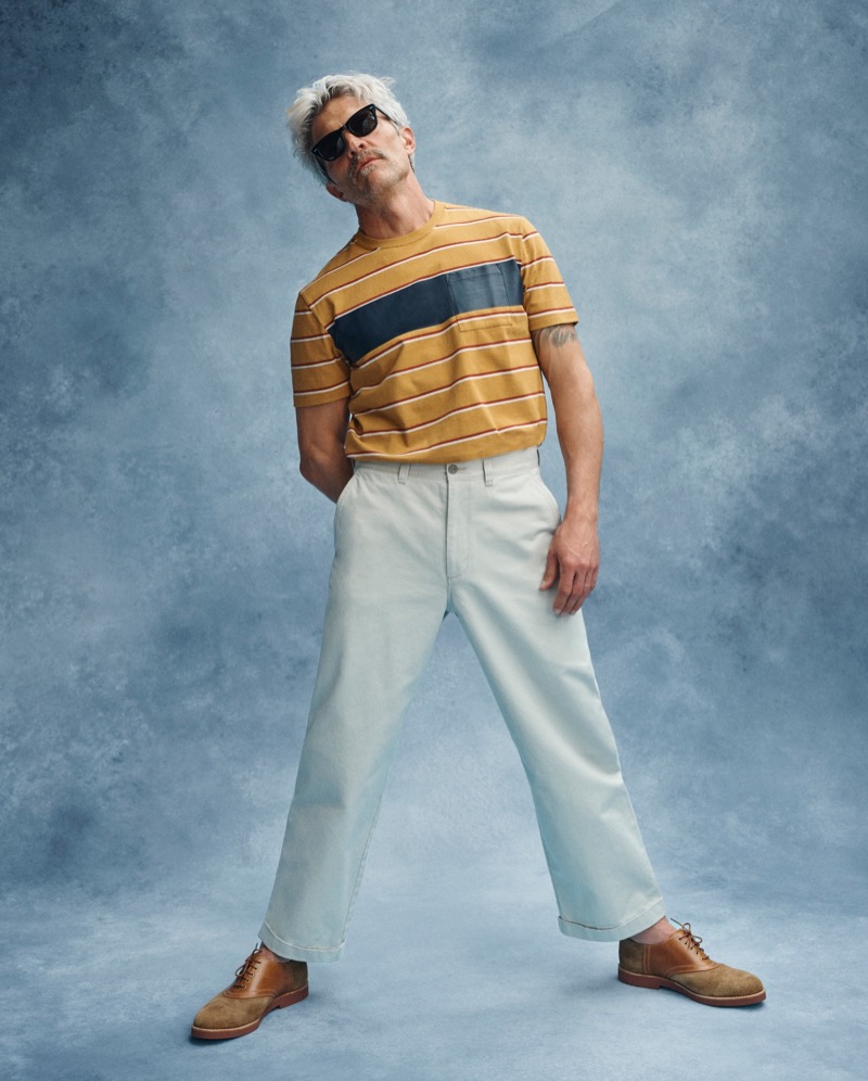 J.Crew collaborates with Japanese brand BEAMS PLUS for a striped T-shirt with applied detail. 