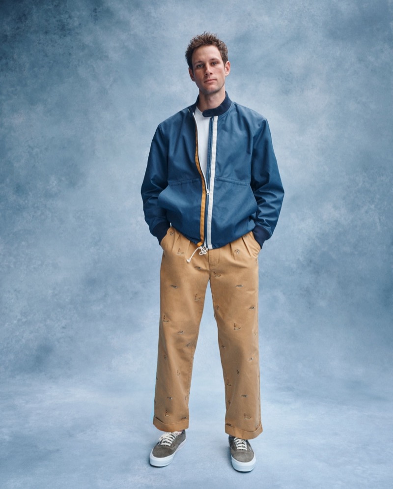 Drew Austin sports a BEAMS PLUS x J.Crew boat jacket with relaxed-fit pleated chino pants. 