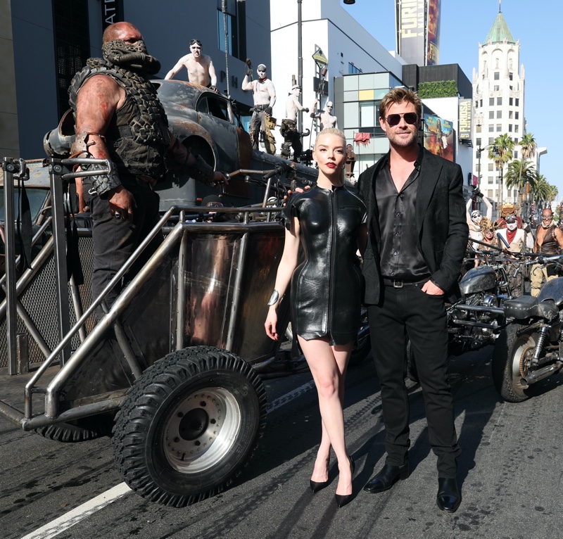 Coordinating in black outfits, Furiosa: A Mad Max Saga stars Anya Joy-Taylor and Chris Hemsworth appear at a Hollywood screening.