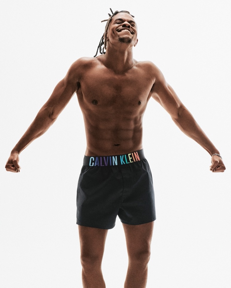 Actor Jeremy Pope takes the spotlight in Calvin Klein's Intense Power Pride sleep shorts for its 2024 Pride campaign.
