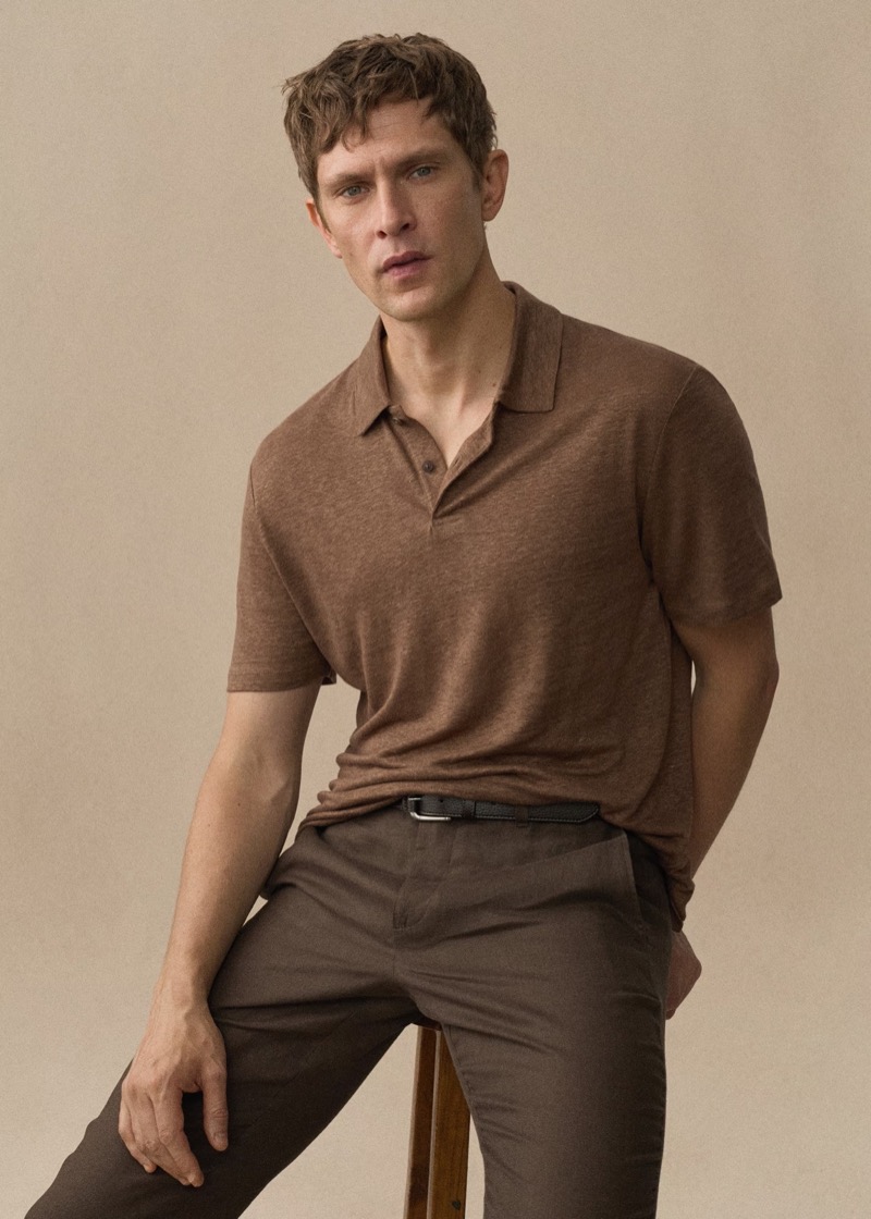 A chic vision in brown, Mathias Lauridsen wears Mango's linen clothing.