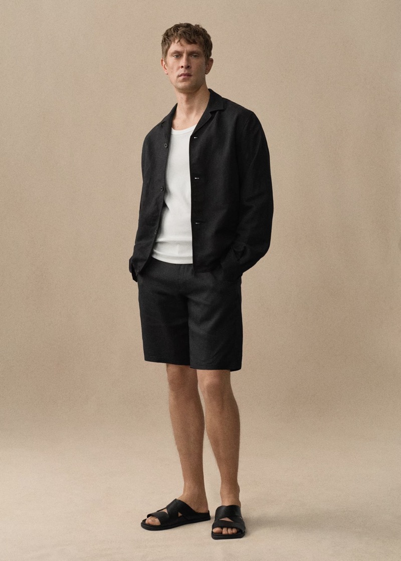 Mango enlists Mathias Lauridsen to highlight its linen collection, including Bermuda shorts.