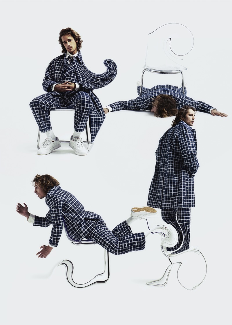 Gracing the pages of Numéro Netherlands, Martiño Rivas wears a Kenzo ensemble with FALKE socks.