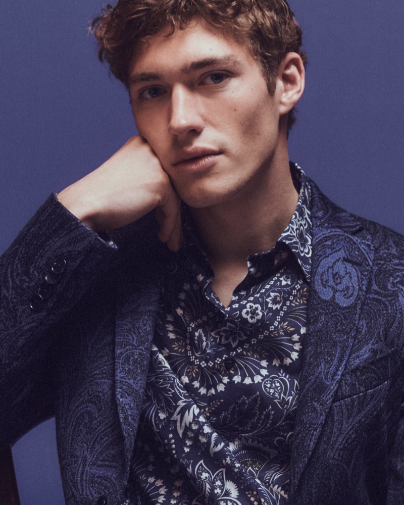 Donning Etro, Valentin Humbroich appears in a striking close-up photo. 