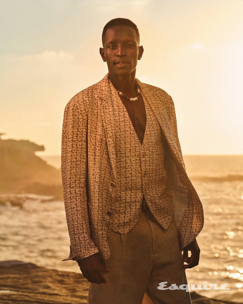 Peter Bol is a chic vision in a Giorgio Armani look with a Paspaley necklace. 