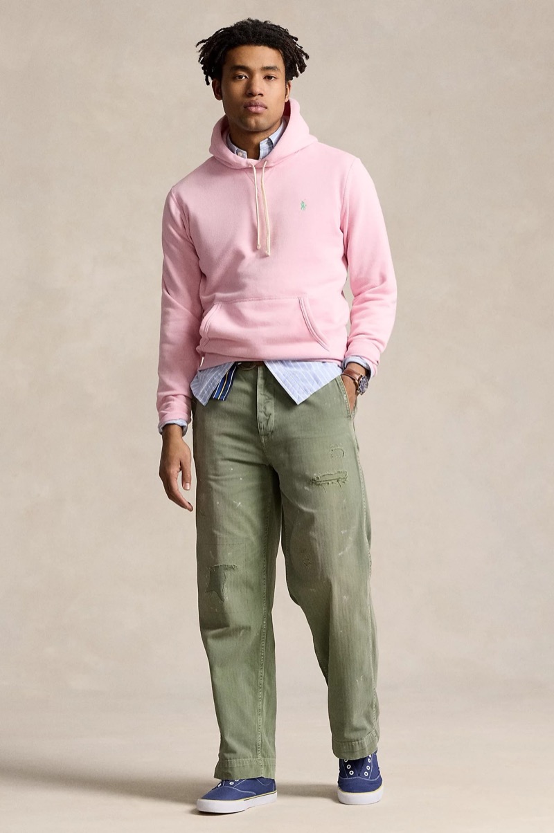 Pink hoodie Oxford shirt carpenter pants outfit