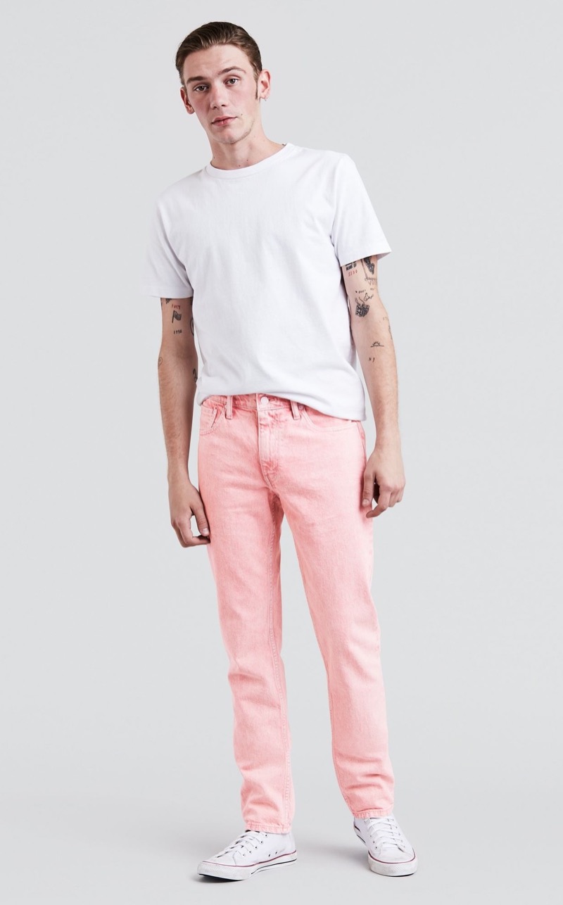 Pink jeans white t-shirt outfit