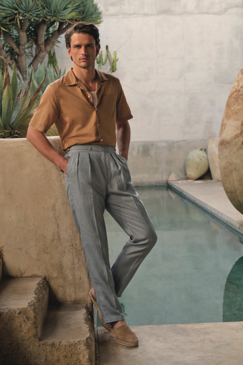 A chic vision, Simon Nessman wears Todd Snyder's Cafe shirt with Irish linen Gurkha trousers and suede espadrilles.