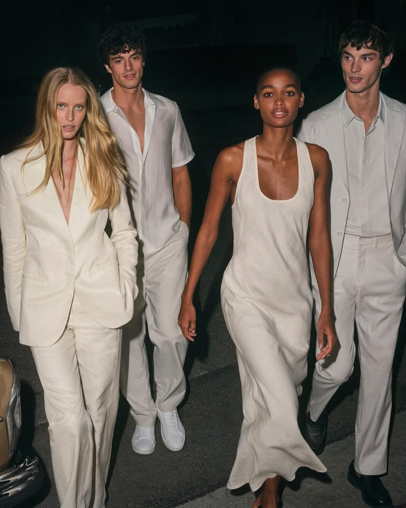 Abby Champion, Francesco Ruggiero, Blesnya Minher, and Kit Butler make a striking entrance, wearing Calvin Klein's summer 2024 collection. 