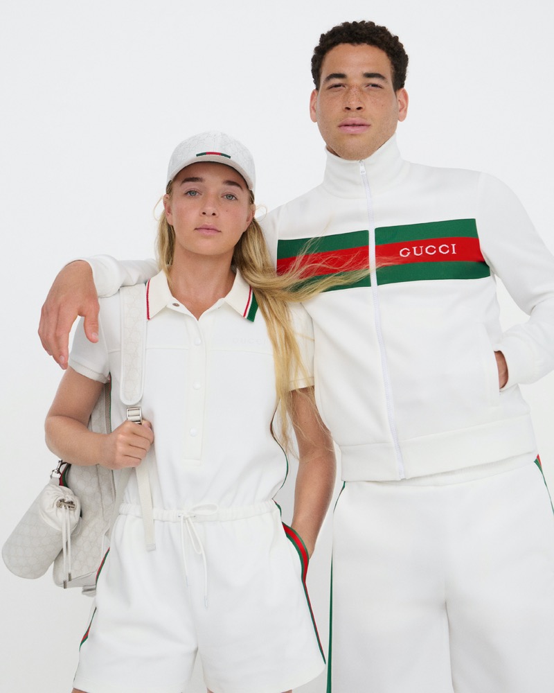 Tennis players Emma Cohen and George Loffhagen embody sporty elegance in Gucci's tennis collection.