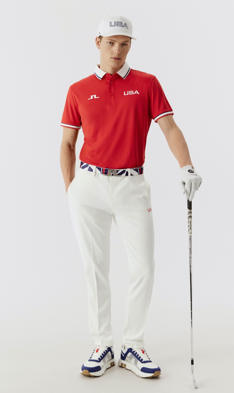 US Olympic Golf Team Red Polo White Trousers JLindeberg 2024 Olympics Paris