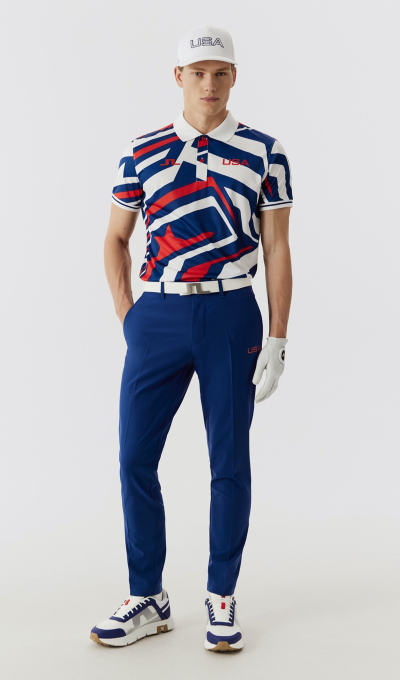 Concluding with a vibrant look, the U.S. Olympic golf team wears a dynamic red, white, and blue patterned polo with matching blue trousers, showcasing J. 