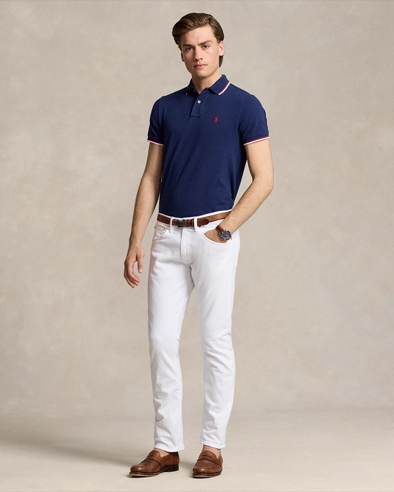 Polo shirt outfit Ivy League style men white jeans