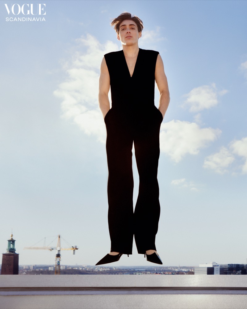Mondo Duplantis makes a bold statement and wears an Isabel Marant jumpsuit with Acne Studios pumps.