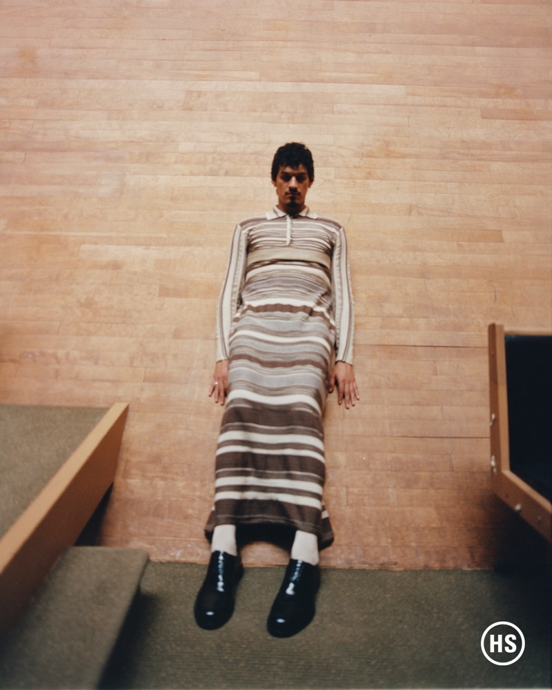 Making a bold statement in a Bottega Veneta dress, Omar Apollo also wears G.H. Bass shoes.