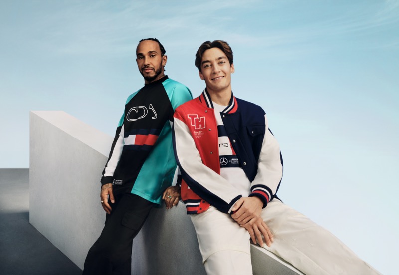 Casual meets cool as Lewis Hamilton and George Russell pose in the striking Tommy Hilfiger x Mercedes AMG Petronas Formula 1 x Clarence Ruth collection. 