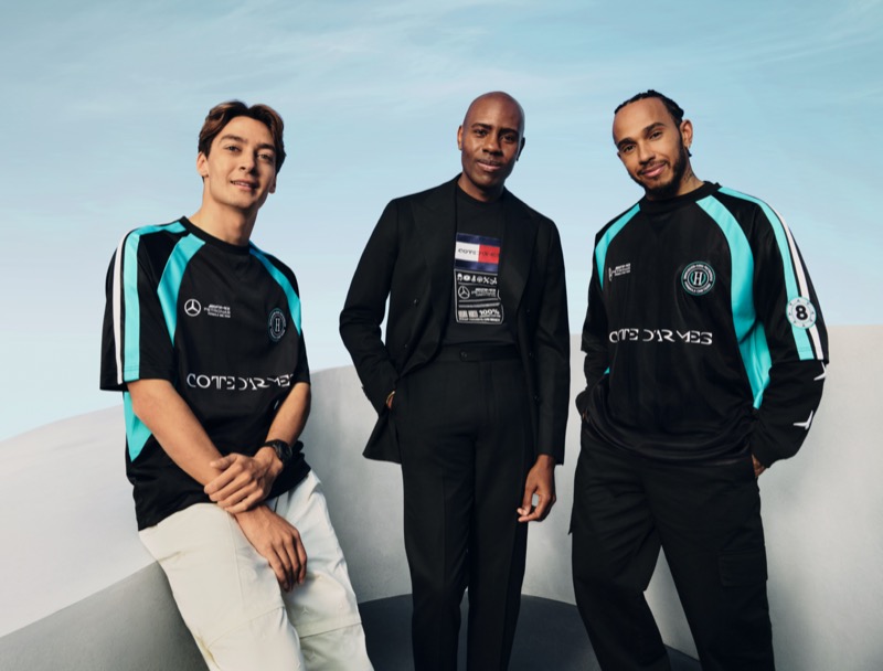 The dynamic trio—George Russell, Clarence Ruth, and Lewis Hamilton—unveil the new Tommy Hilfiger x Mercedes AMG Petronas Formula One collection.