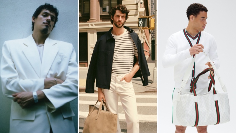 Omar Apollo, photographed by Ricky Alvarez for Highsnobiety; Matthew Bell, photographed by Clément Pascal for Zara; and George Loffhagen, photographed by Davit Giorgadze for the Gucci Tennis collection campaign.