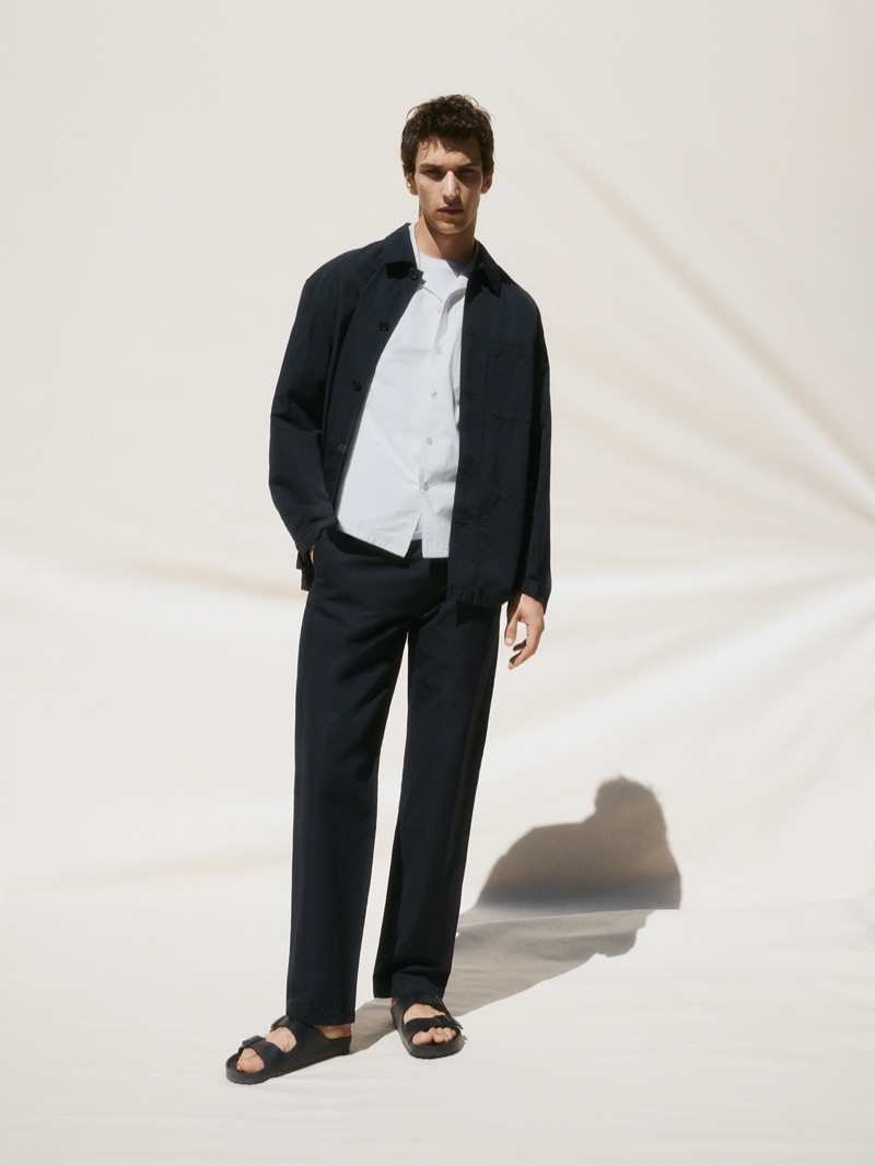 ARKET embraces workwear style with a black cotton-linen overshirt and trousers. 