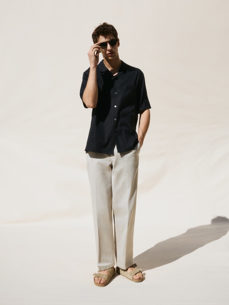 ARKET highlights cotton-linen essentials such as the short-sleeve shirt and trousers.