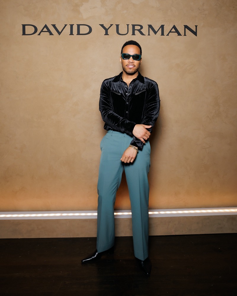 Grammy-winning musician Anderson .Paak exudes cool in a velvet shirt and teal trousers at David Yurman’s 2024 campaign celebration.