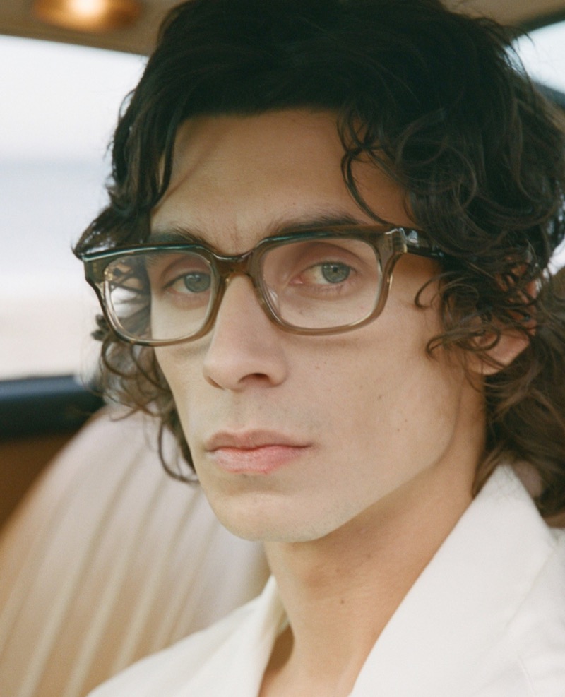 Model Donovan Wildfong wears Barton Perreira’s Hinkley eyeglasses.