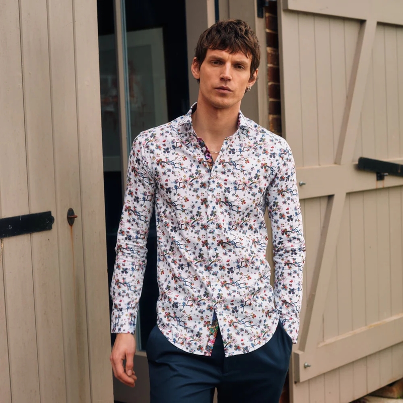 Blake Mill delivers elegant summer style with its botanical sakura tree shirt. 