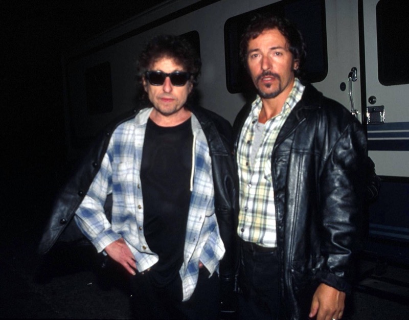 Bob Dylan poses for a 1995 photo with Bruce Springsteen at the Rock and Roll Hall of Fame.