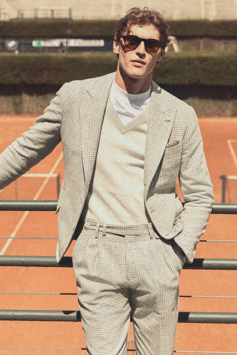 Jacques Saayman models a Houndstooth suit from Brunello Cucinelli’s fall-winter 2024 collection. 