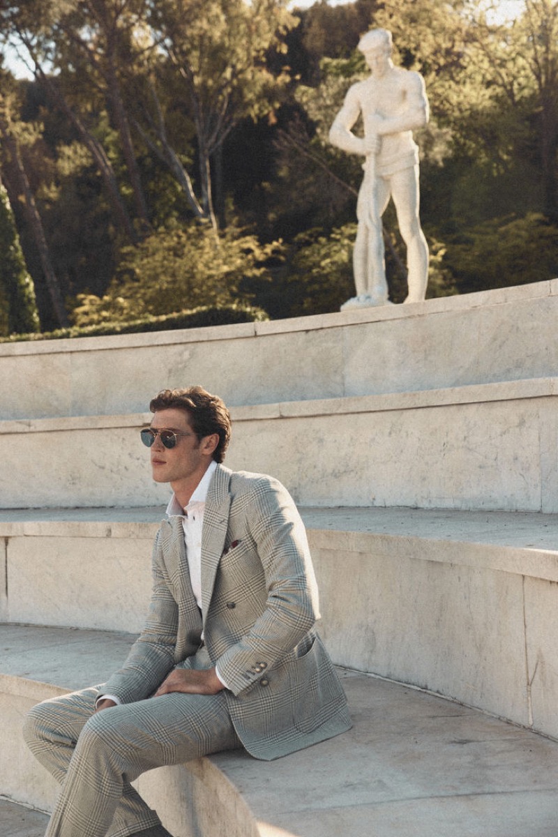 The face of Brunello Cucinelli’s “Clubhouse Codes,” Jacques Saayman sports a deconstructed check suit.