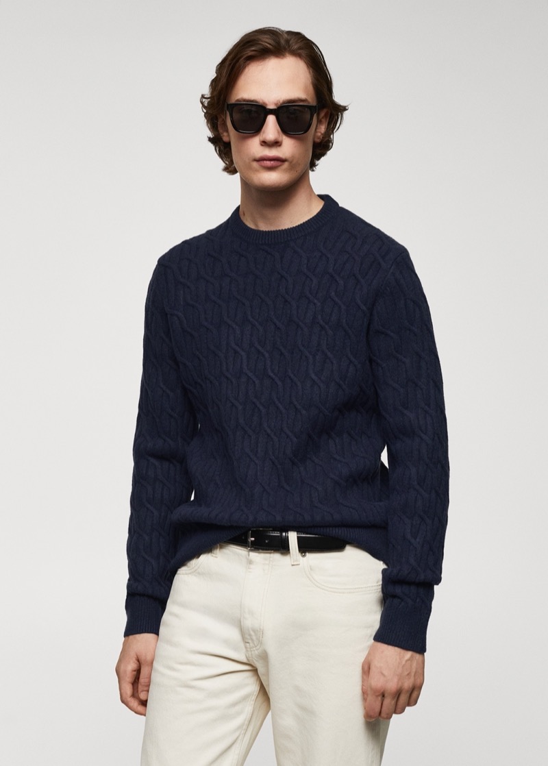 cable-knit sweater navy nautical style men Mango