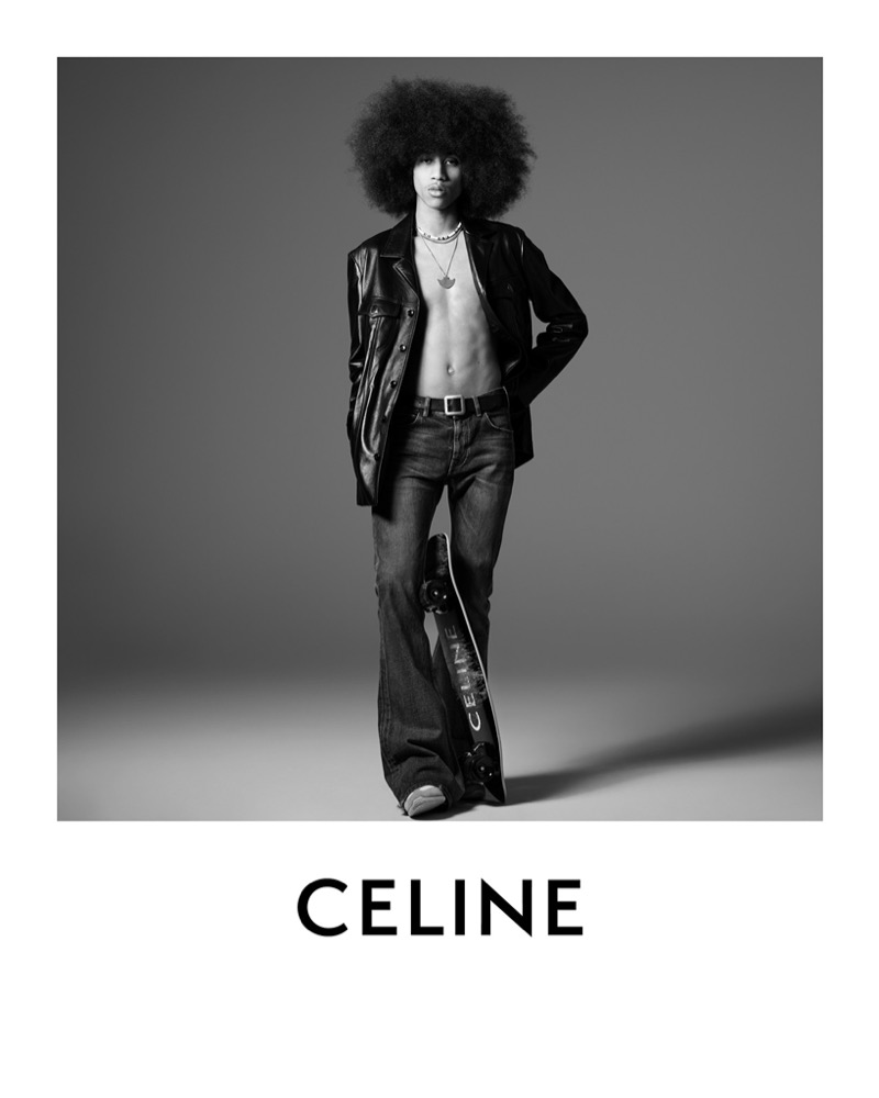 Celine’s summer 2024 campaign features Idries in a sleek leather jacket and denim paired with a signature skateboard.