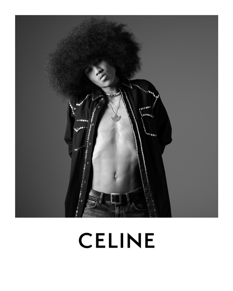 Idries Jones models a detailed, open shirt and denim for Celine’s summer 2024 campaign.