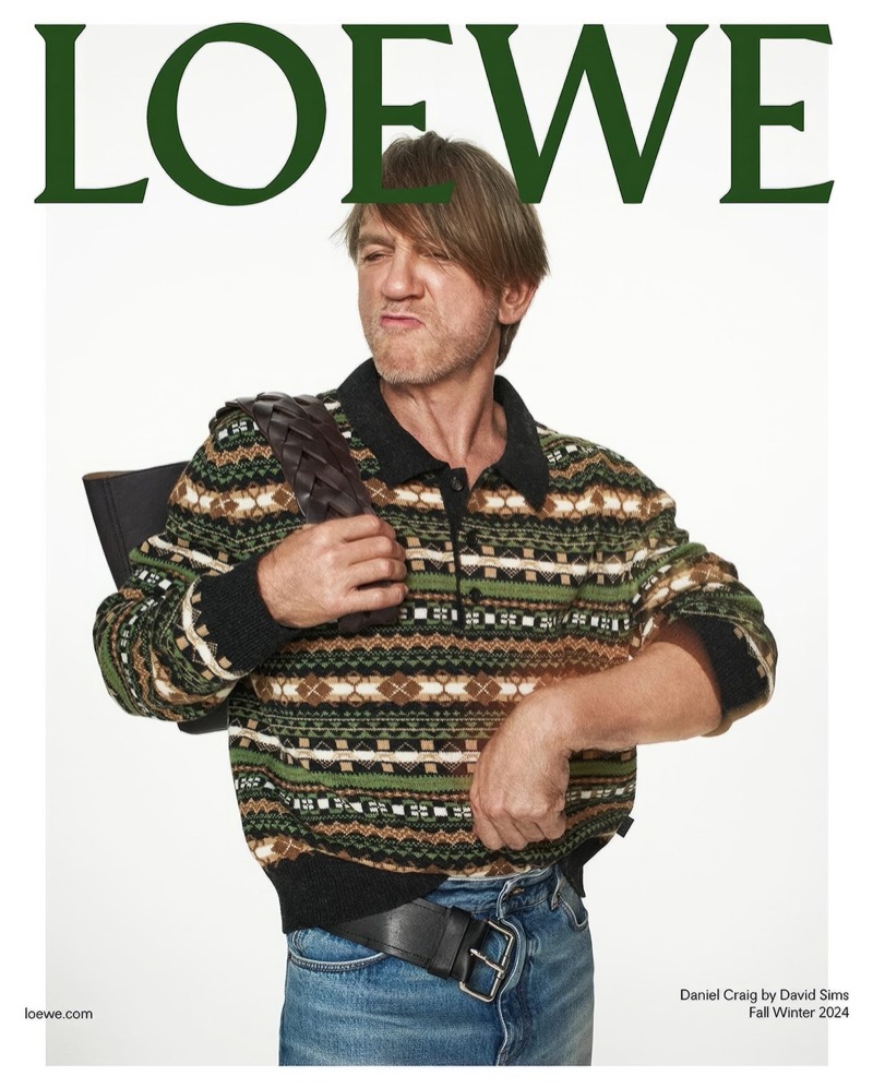 Daniel Craig poses in a patterned sweater polo for LOEWE’s fall-winter 2024 campaign.